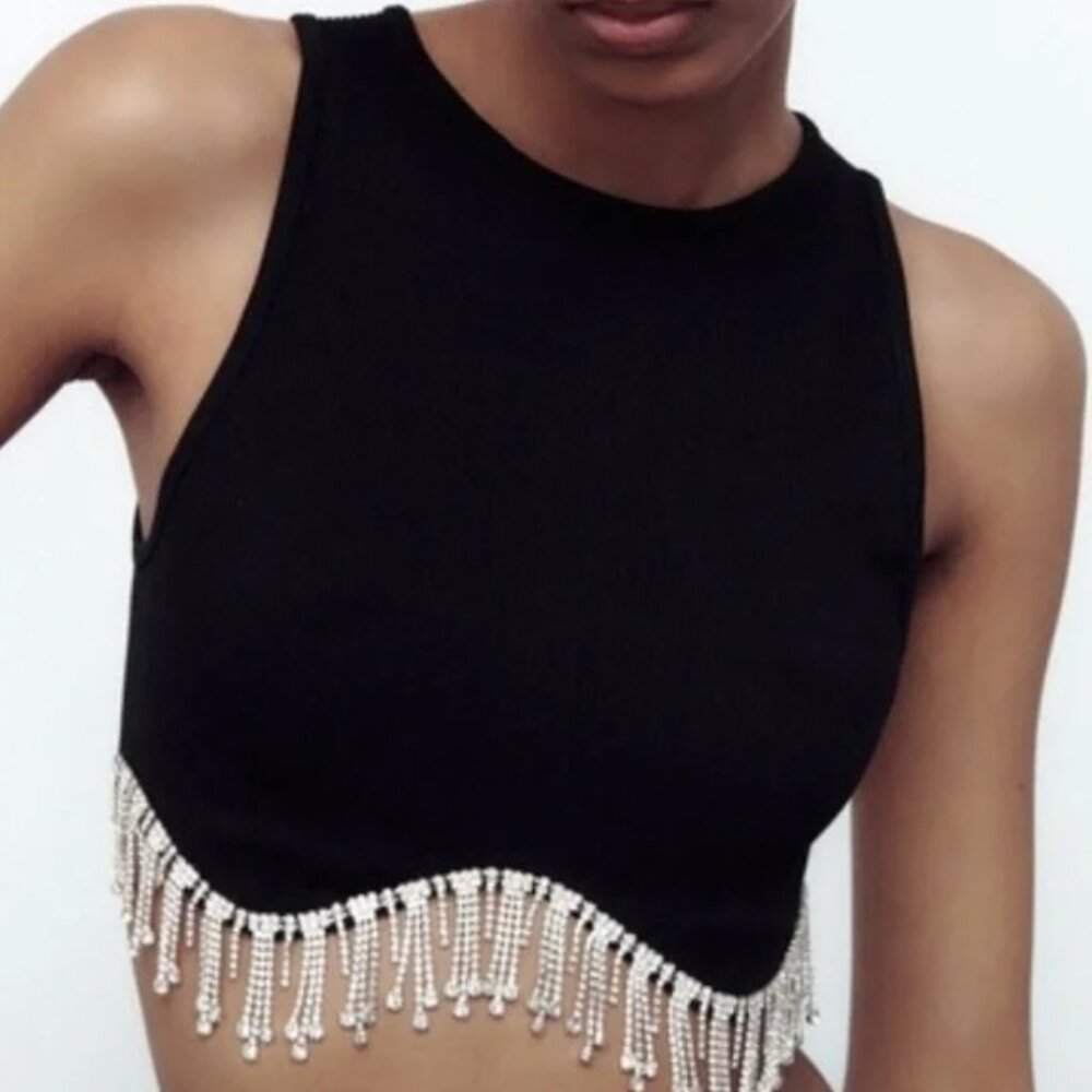 ZARA Beaded Fringe Crop Top – Black (Limitless Contour Collection)